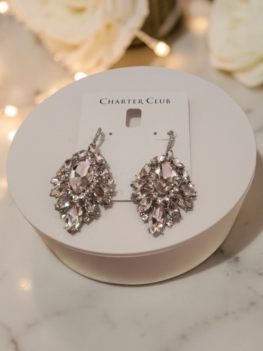 Charter Club Crystal Silver Teardrop Cluster Earrings